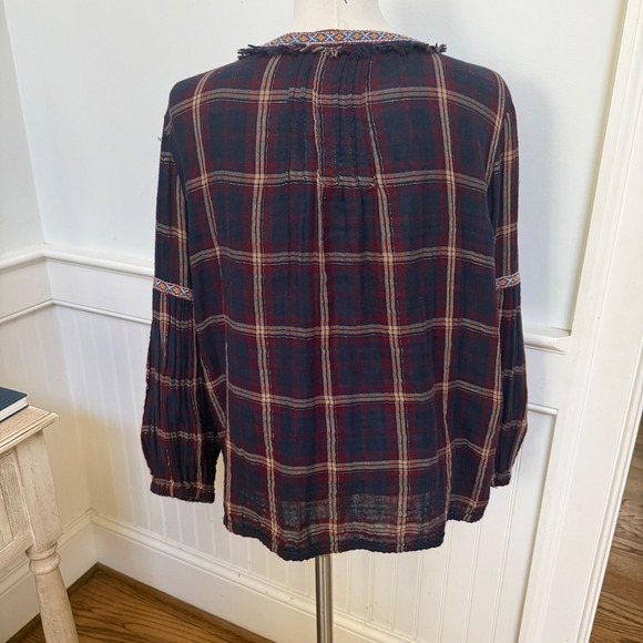 Sundance Womens Plaid Embroidered Gauze Blouse Navy Burgundy Metallic Medium - Picture 3 of 7